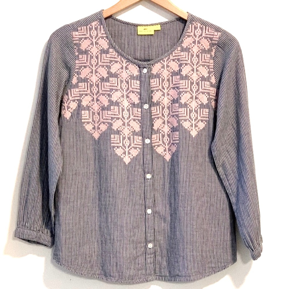 New Roberta Roller Rabbit Embroidery Cotton Stripe Button Up Blouse Top Size S